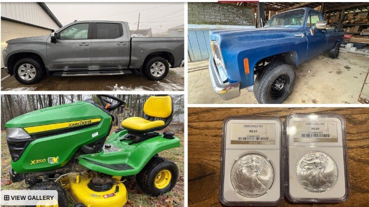 Kiko Auctioneers Presents 2020 Chevy Silverado, 1973 Chevy Truck, John Deere Mower, Trailer, Boat, Coins, Collectibles!